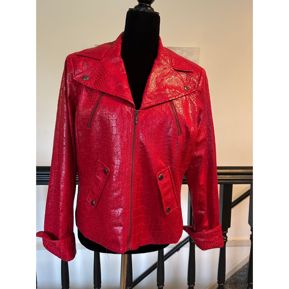 City Girl Nancy Bolen Red Croc Embossed Faux Leather Moto Jacket Medium